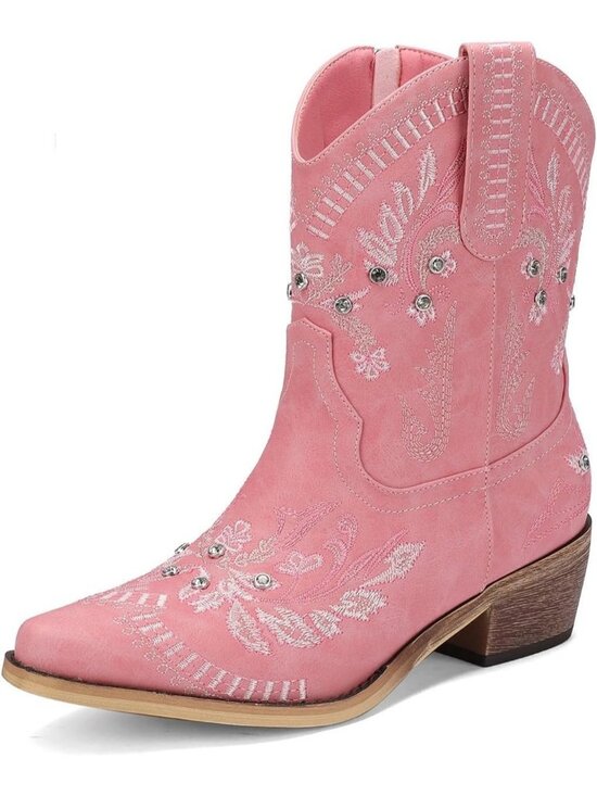 Shoes - Women's Pink Embroidered Cowgirl Chunky Heel Side Zipper Western Booties
